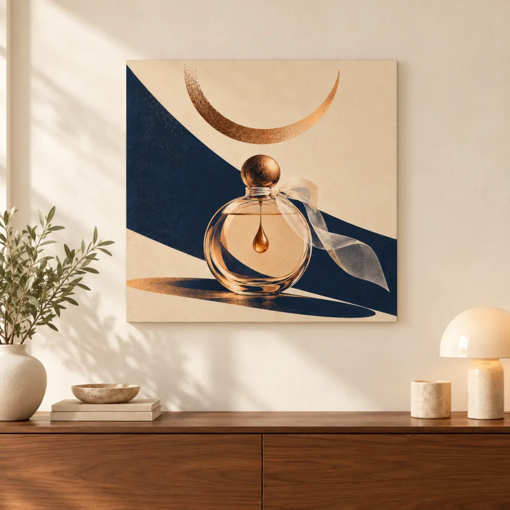 تابلو سالن زیبایی و عطر قطره عطر و روبان شفاف کنار هلال روشن، طرح چاپ دستی | کد ۲۱۴۱۱